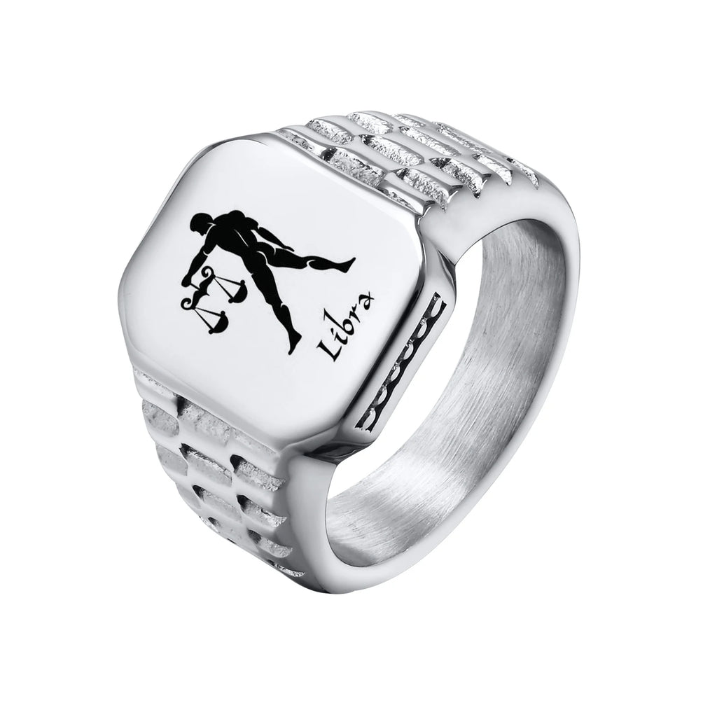 Free Custom 12 Zodiac Signet Rings for Men,Personalized Stainless Steel Finger Birthday Gift to Dad Father Husband Son