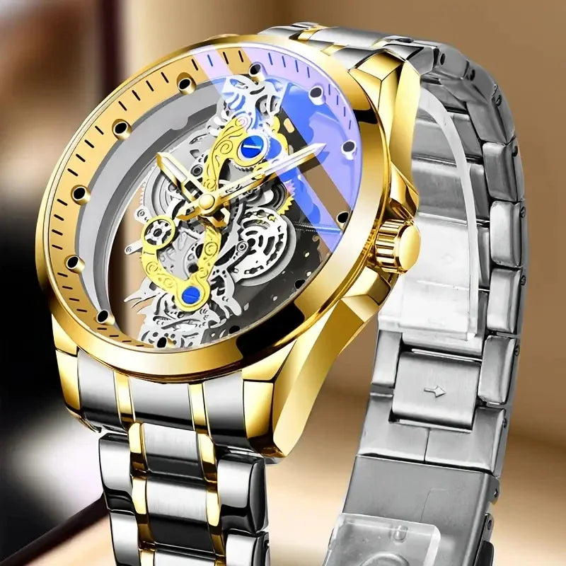 Hot Trendy Fashion Wholesale Men's Golden Skeleton Automatic Quartz Wrist Watches Luxury
