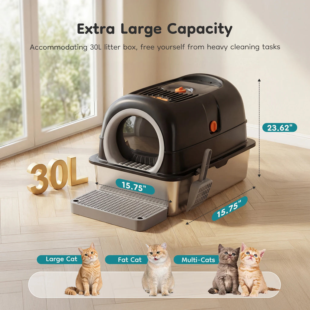 JHK 24IN Stainless Steel Cat Litter Box with Fully Enclosed 30L Large Cat Litter Box for Big Cats Cat Box Scoop and Mat Included