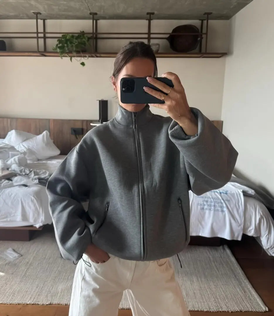 Vintage High Neck Full Zip Sweatshirt Women Loose Baggy Long Sleeve Zip Pockets Soft Fleece Jacket Cozy Casual Sports Outer Coat