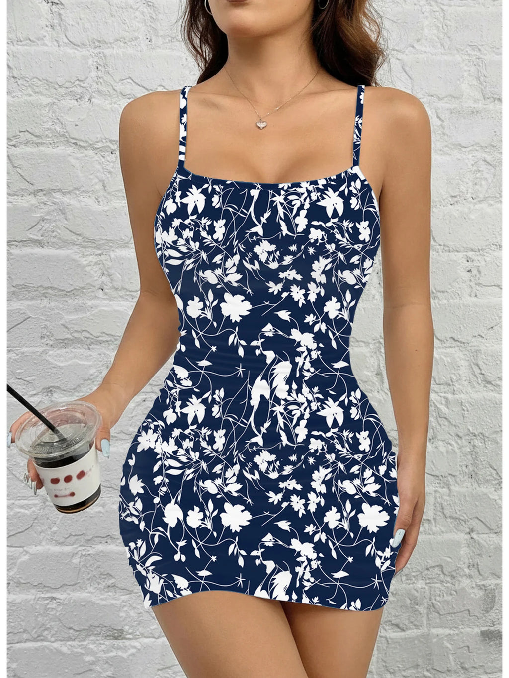 Women's Summer Casual Fashion Comfortable Floral Print Square Neck Sleeveless Suspender Dress Short Skirt