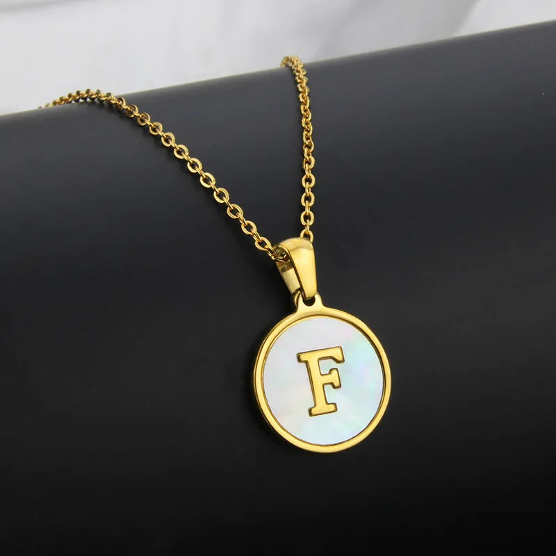 Initial Letter Necklaces for Women Trendy Stainless Steel Circle Couple Pendant Inlaid Shell Jewelry