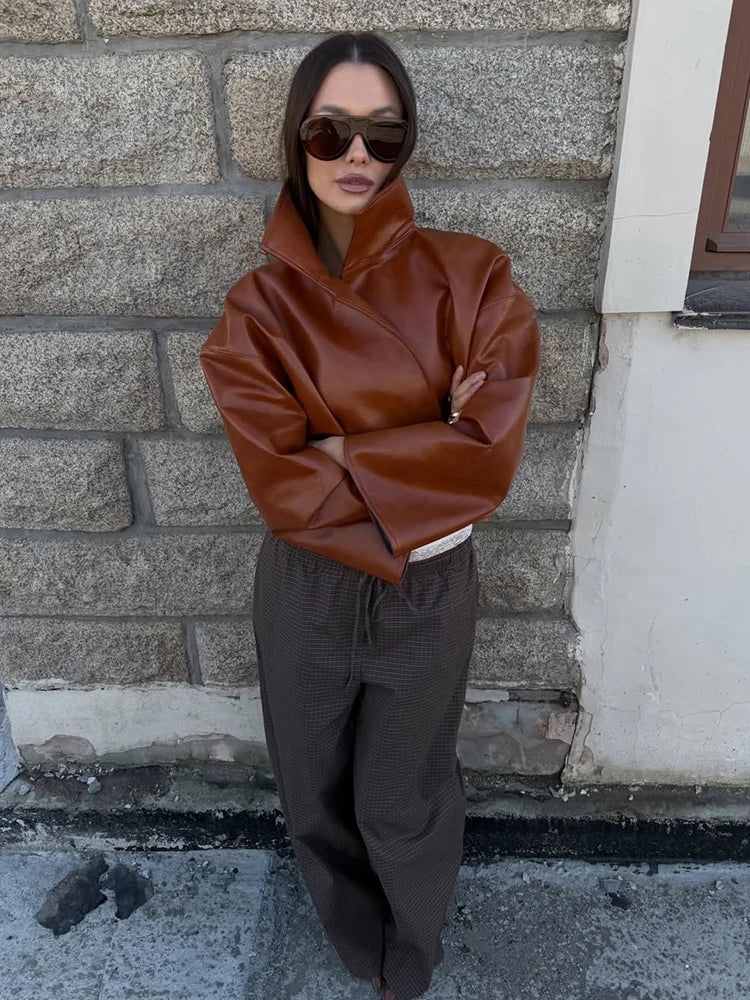 Loose Solid Women's Pu Leather Jacket Long Sleeve Stand Collar Lady Coats Crop Tops 2026  Autumn Fashion Female Street Outerwear