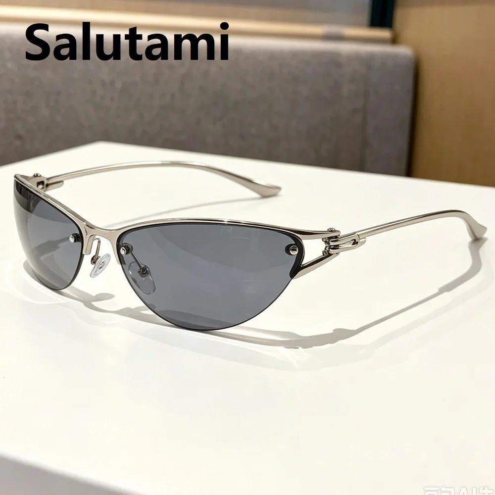 New Silver Y2K Metal Cat Eye Sunglasses Women Fashion Half Frame Clear Gradient Shades UV400 Men Trending Sun Glasses Uv400