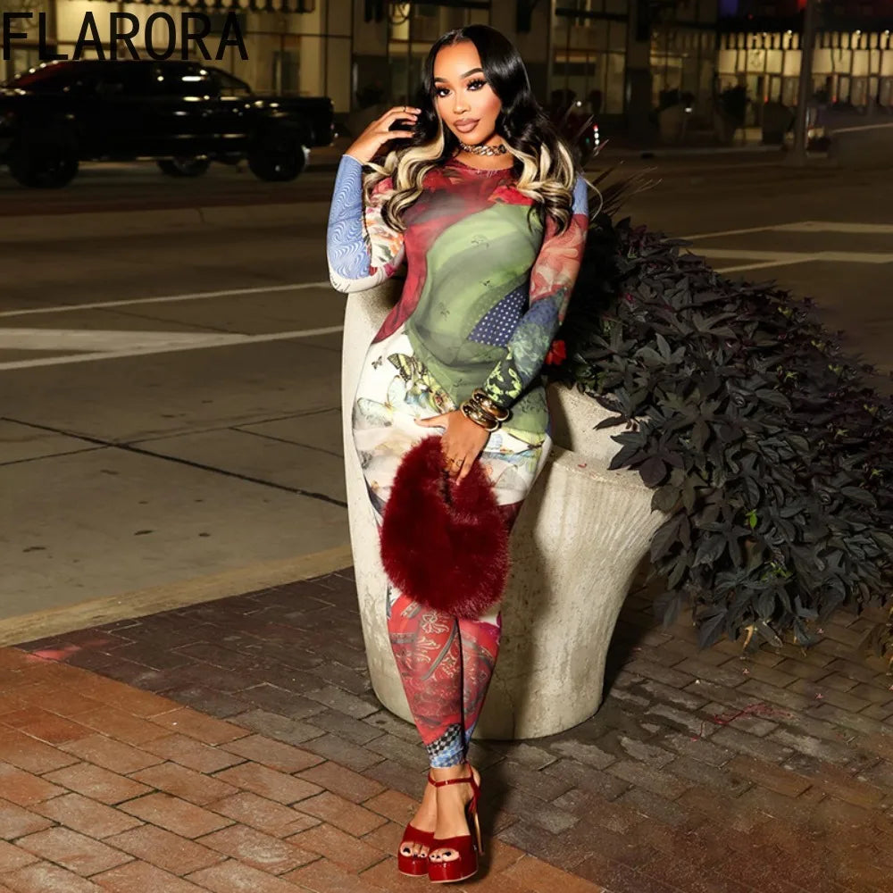 FLARORA Vintage Colorful Print Jumpsuits Woman Round Neck Full Sleeve Skinny Peach Hip Jumpsuit Midnight Street Stretch Overalls