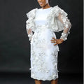 White Appliques Flower Dress Women Luxury Embroidery Midi Dresses Elegant Ruffles Tulle Long Sleeve Birthday Wedding Outfits