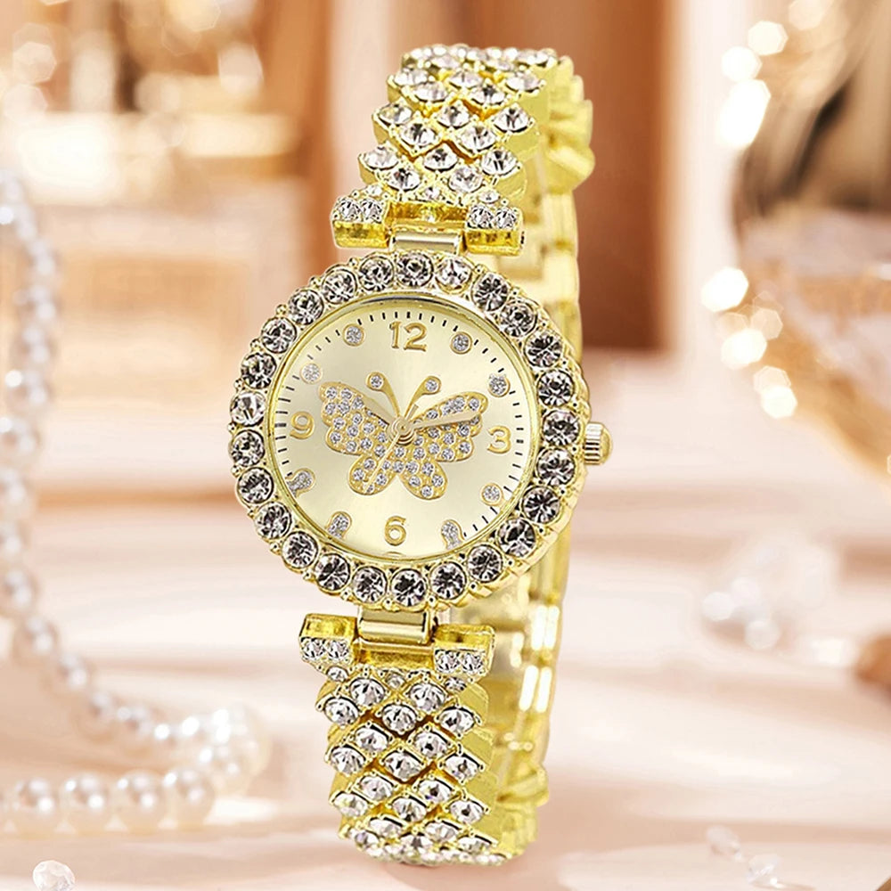 5Pcs/Set Butterfly Unisex Jewelry Watches Women's Wristwatch Accessories Gold Fashion Business Elegant Classic Exquisite Retro Light Luxury Rhinestone Luxury Bracelet Watch Set Y2K Suitable for Daily Outfits and Our Holiday G