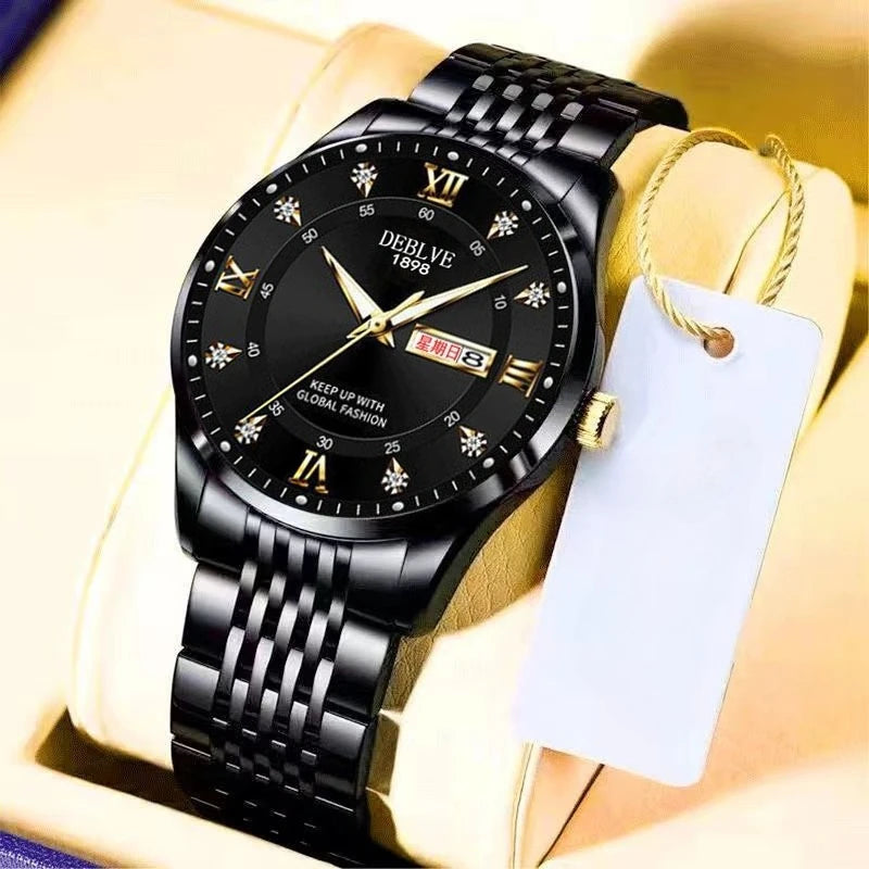 Men's Watch, Classic Fashion Ultra-Thin Luminous Double Calendar Steel Belt Quartz Watch