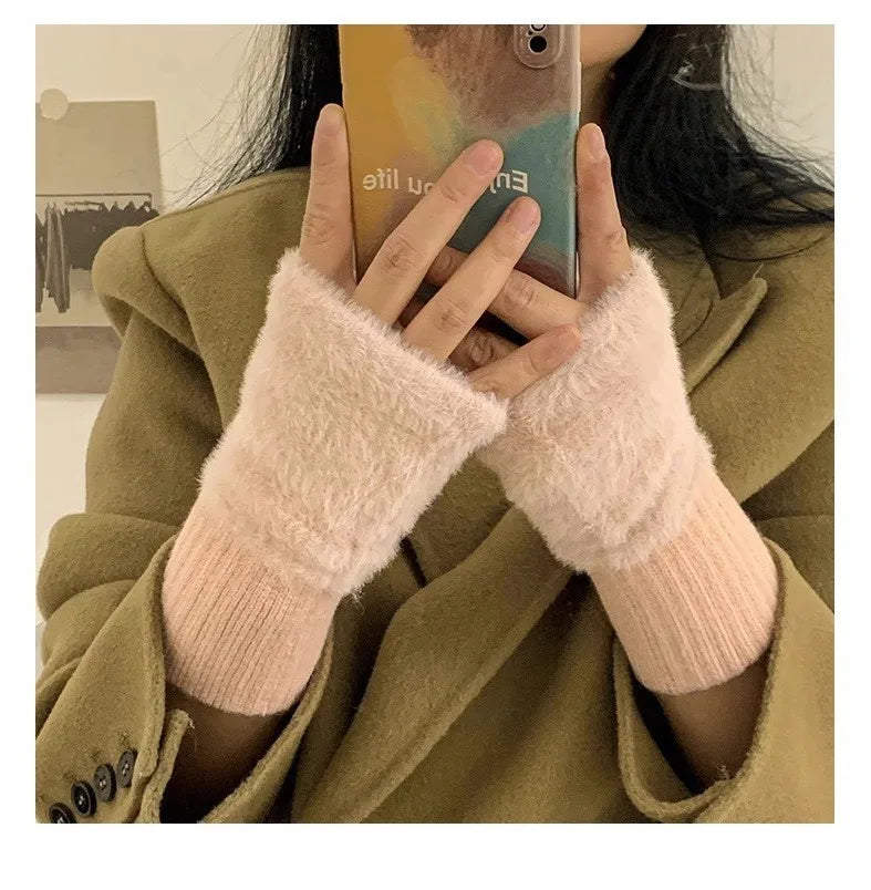 Women's Warm Plush Half-Finger Gloves for Autumn Winter Multi-Functional Cute Office Wear Cold-Resistant Fingerless Mittens