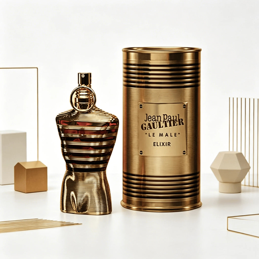 Jean Paul Gaultier Le Male Elixir EDP 75ML Perfume For Men Warm Vanilla Cardamom Woody Aroma Long Lasting Shiny Gold Metallic Striped Body Bottle With Gold Ring Cap Complete Gold Tin Box Dating Anniversary Present
