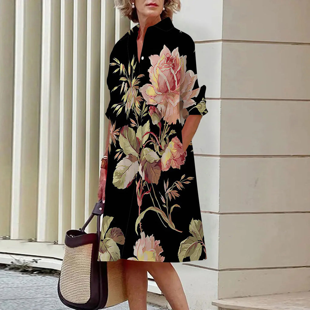 Summer New Women's Dresses Crushed Floral Long Sleeve Lapel Midi Luxury Women's Street Women's Shirt Pocket Temperament 2023
