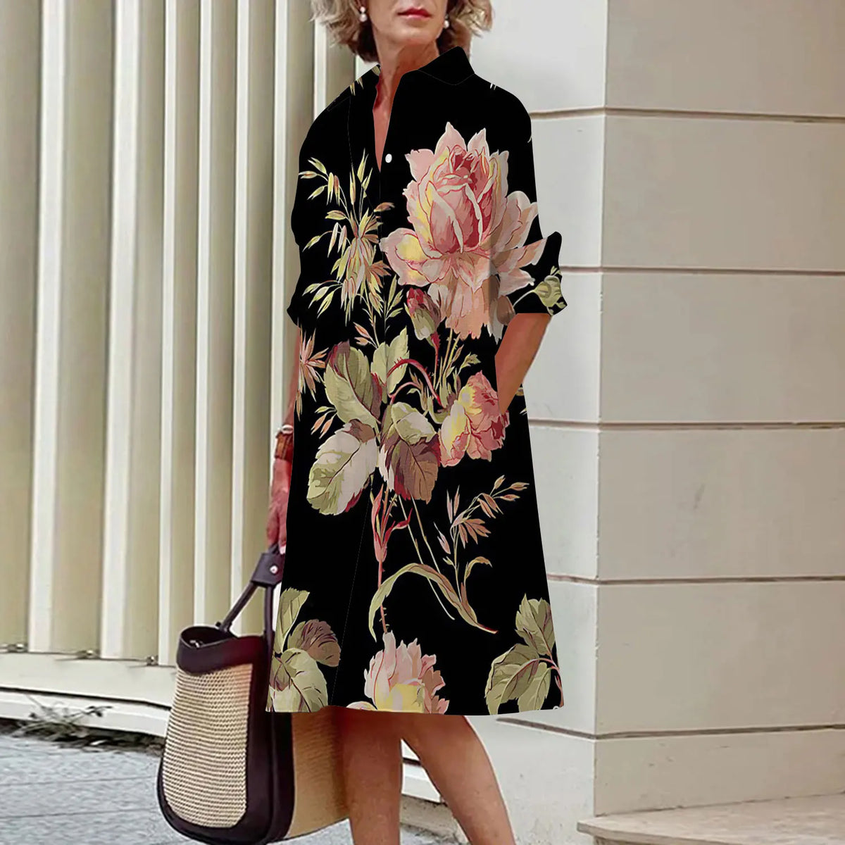 Summer New Women's Dresses Crushed Floral Long Sleeve Lapel Midi Luxury Women's Street Women's Shirt Pocket Temperament 2023