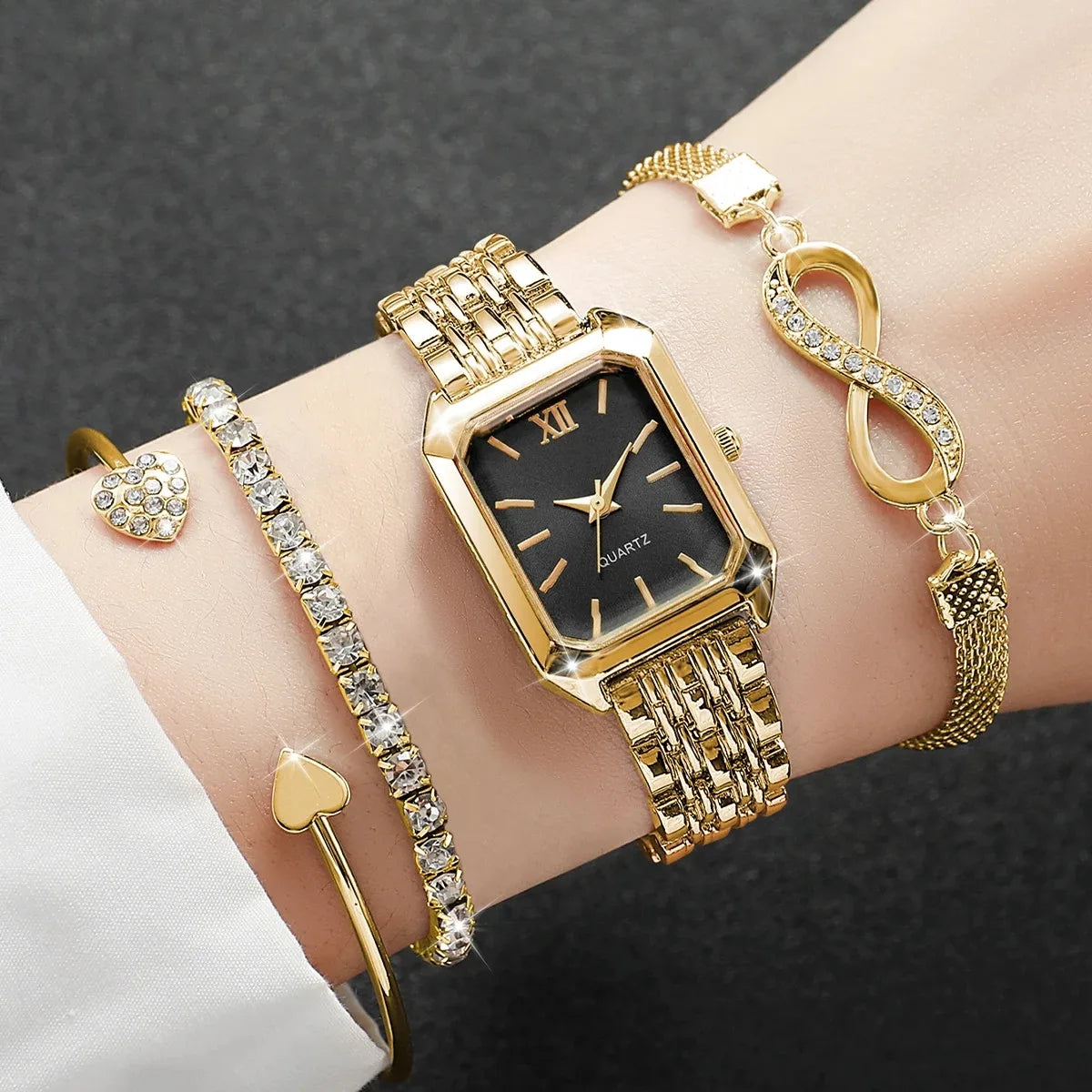 4PCS Fashion Women Watches Rhinestone Bracelets Set Elegant Rectangle Ladies Roma Quartz Wristwatch Reloj Mujer(Without Box)