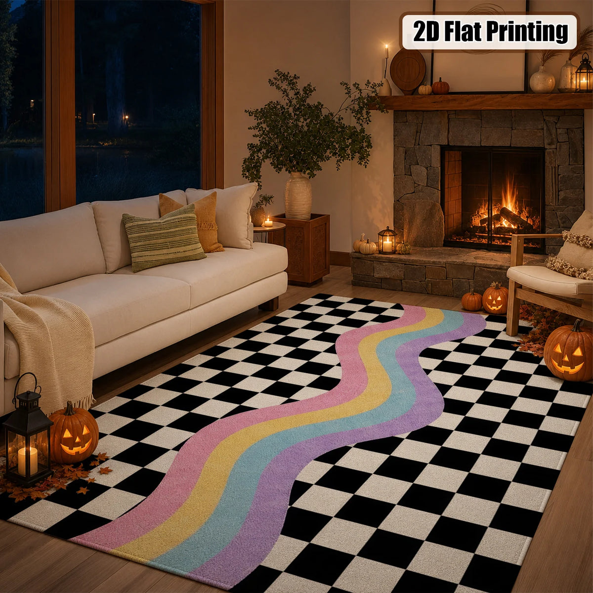 Large Indoor Area Rug, Soft Velvet Low Pile Checkered Retro Rainbow Wave Rug, Non-slip Dotted Backing, Machine Washable for Living Room, Bedroom