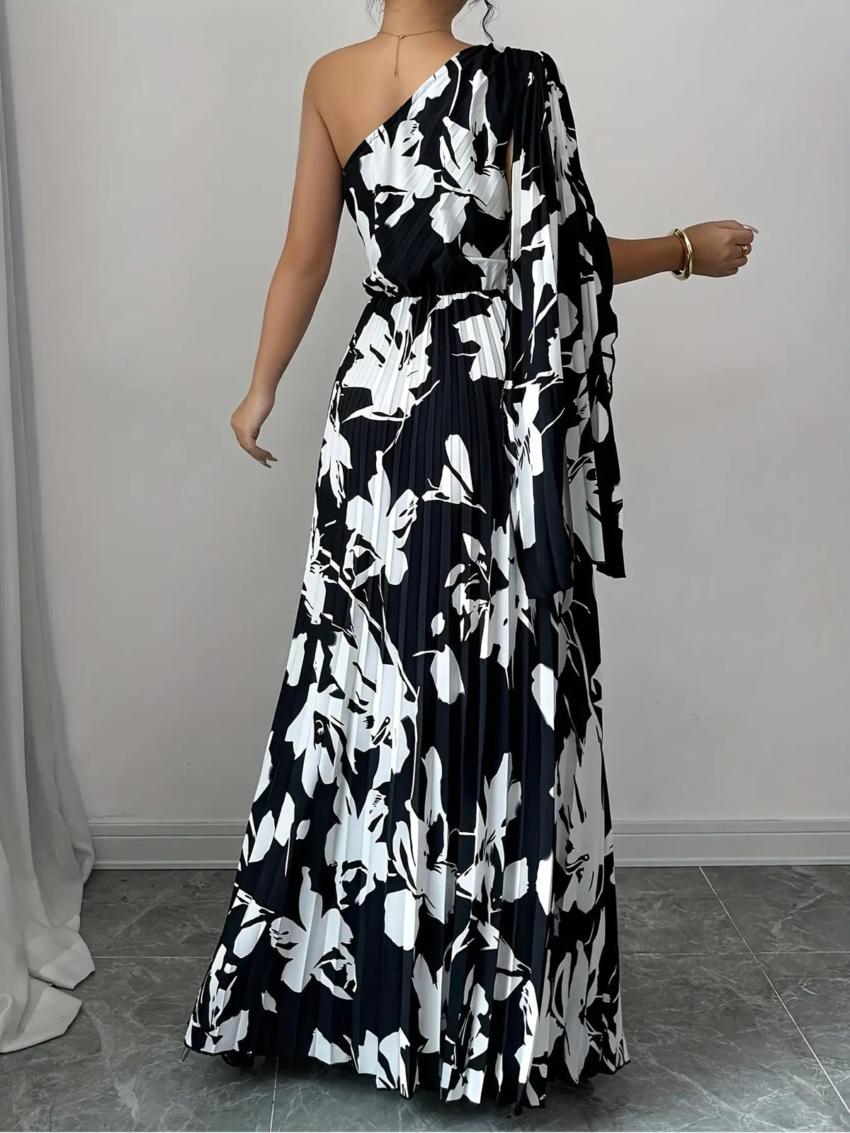 Women's Floral Print One-Shoulder Maxi Dress Wide Puff Sleeve Gathered Waist Elegant Long Dress for Spring/Fall Casual Party Out