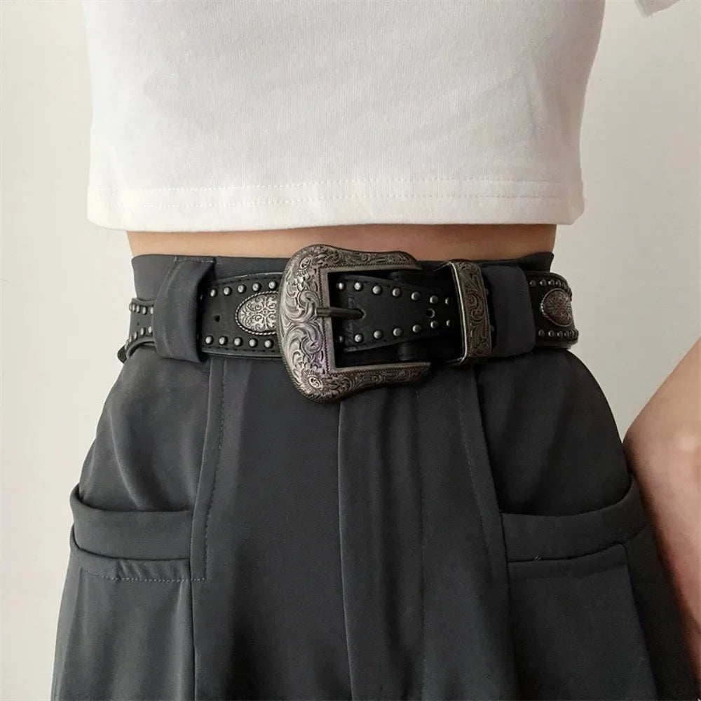 Strap Buckle Cool Black Rivet Belt American Style Wide PU Vintage Waistband Adjustable Alloy Coffee Y2K Belt Waist Seal