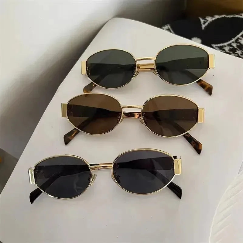 Retro Oval Brown Sunglasses Metal Frame High-end Feel UV400 Sun Visors for Women Men Street Photography