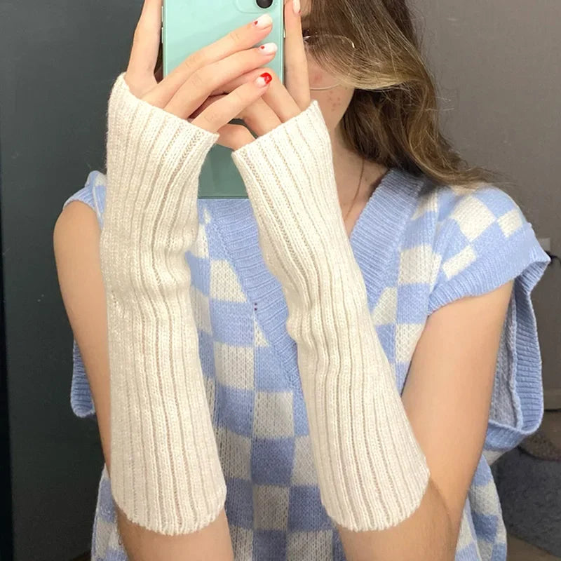 Female Y2K Fashion Arm Warmers Soft Knitted Gloves Women Girl Half Finger Mittens Solid Color Winter Arm Sleeves