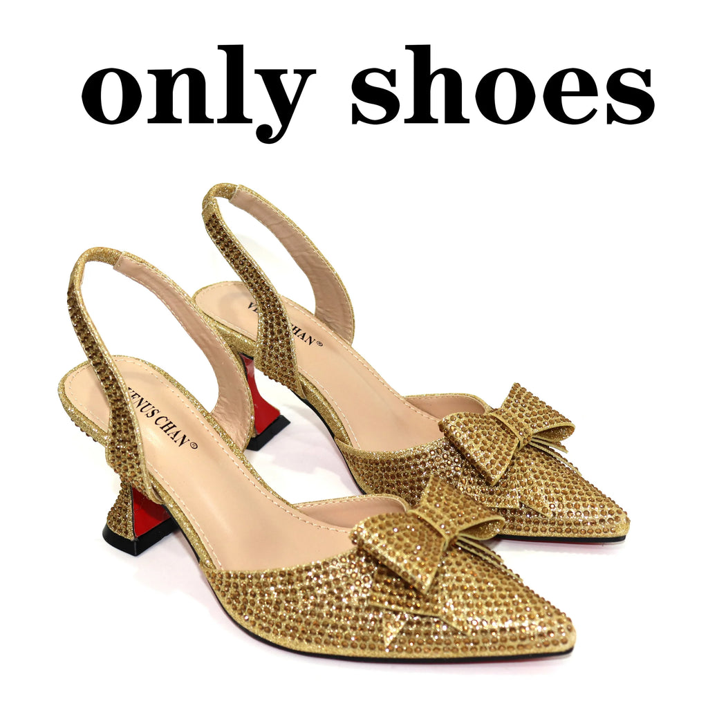 Venus Chan Bridal High Heels for Women 2023 Pointed Toe With Bows Gold Color Rhinestone  Elegant Party Wedding Shoe and Bag Set