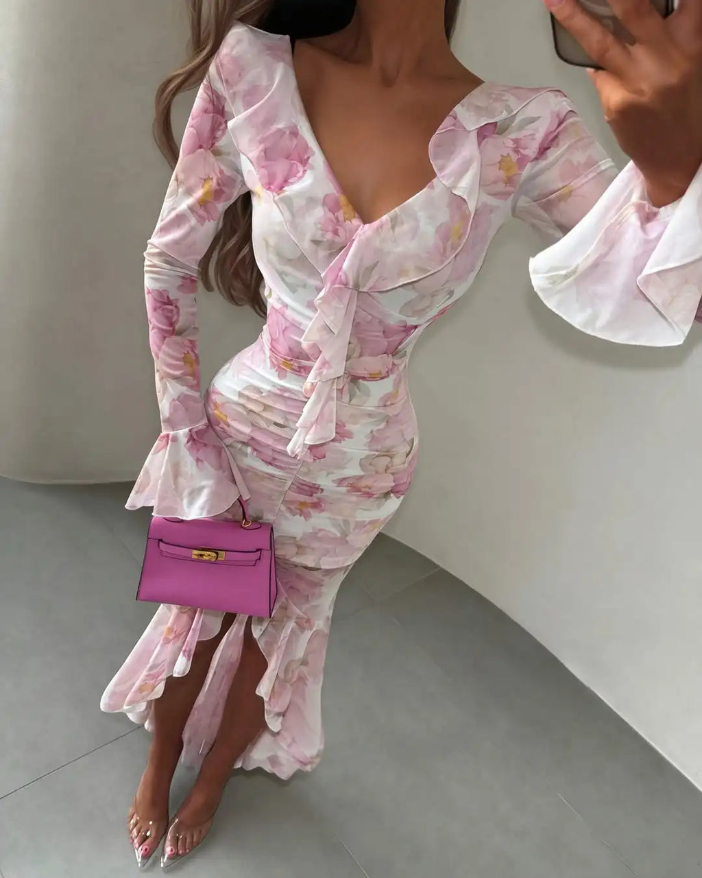 Organza Floral Printed Maxi Dress Women V Neck High Split Puff Sleeve Waist Cinching Ruffle Long Dresses Vacation Summer Outfits