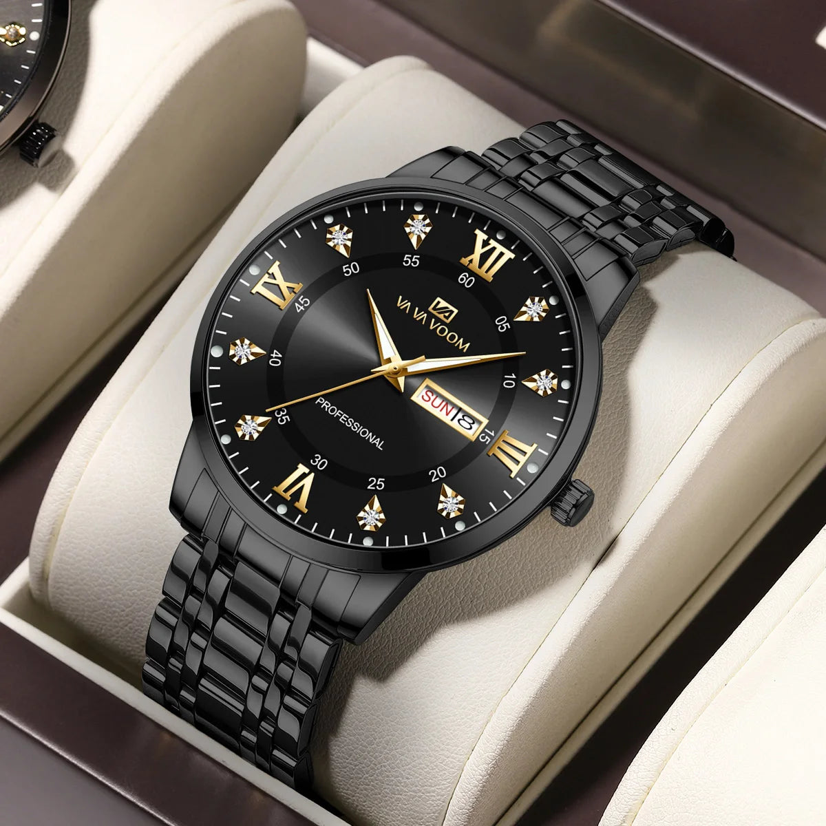 VA VA VOOM Top Brand Luxury Men Watch Week Quartz Movement Business Clock Black Stainless Steel 3Bar Waterproof Couple Men Watch