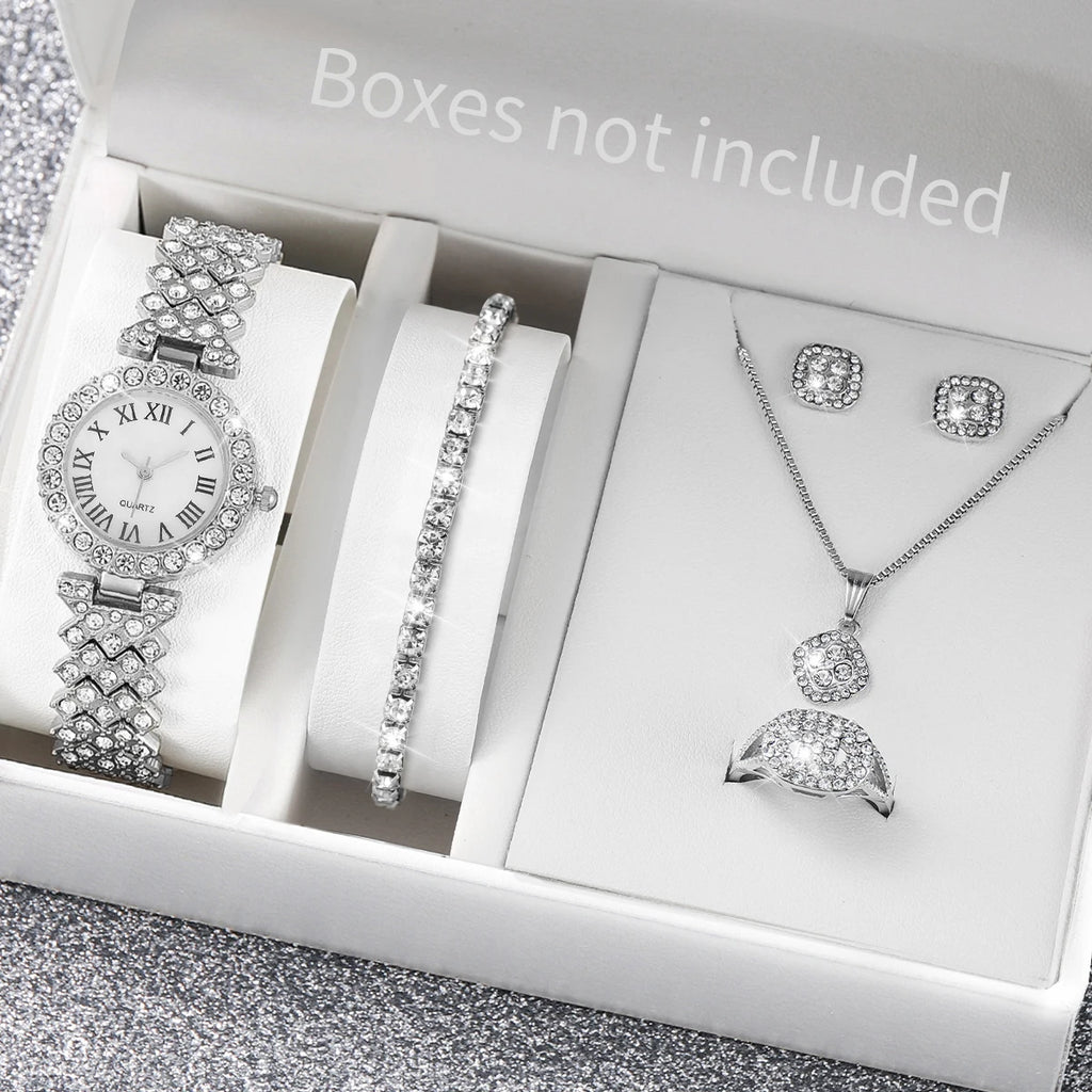 6PCS/Set Luxury Women Watches Fashion Rhinestone Roma Dial Bracelet Band Quartz Watch Jewelry Set Reloj Mujer（Without Box）