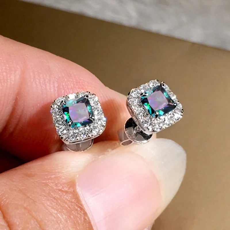 Huitan Eternity Green CZ Stud Earrings for Women Gold Color Luxury Bride Wedding Earrings Elegant Ear Accessories Party Jewelry
