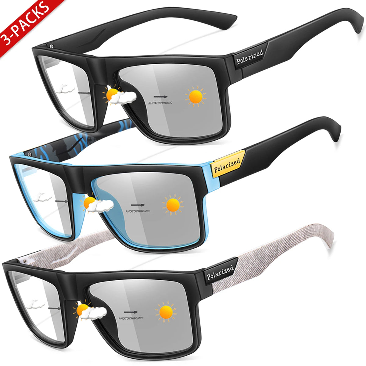 3-Pairs Classical Square Photochromic Sunglasses Outdoor Sports Cycling Running Driving Men Women Festival Party Wear Eyewear