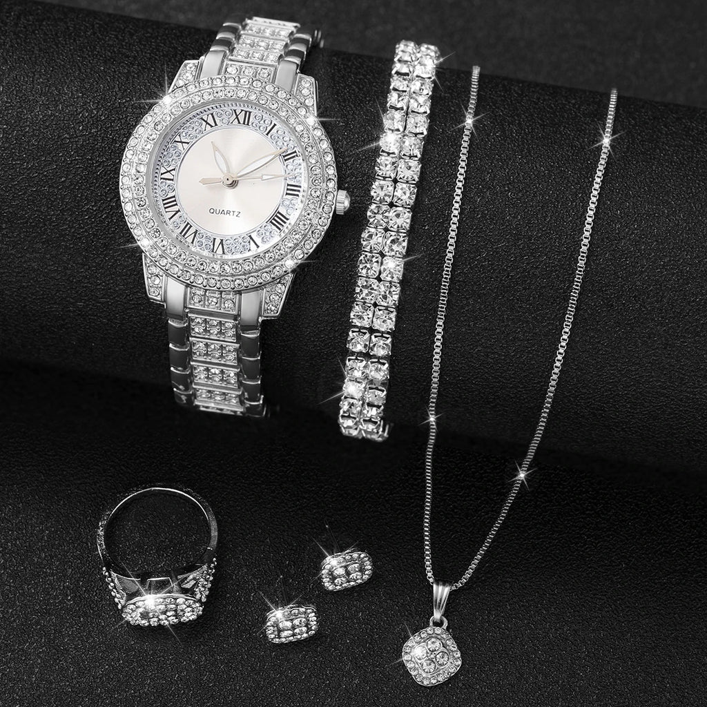 6PCS/Set Fashion Diamond encrusted Women's Watch Roman Quartz Watch Bracelet for Women's High end Fashion Watch