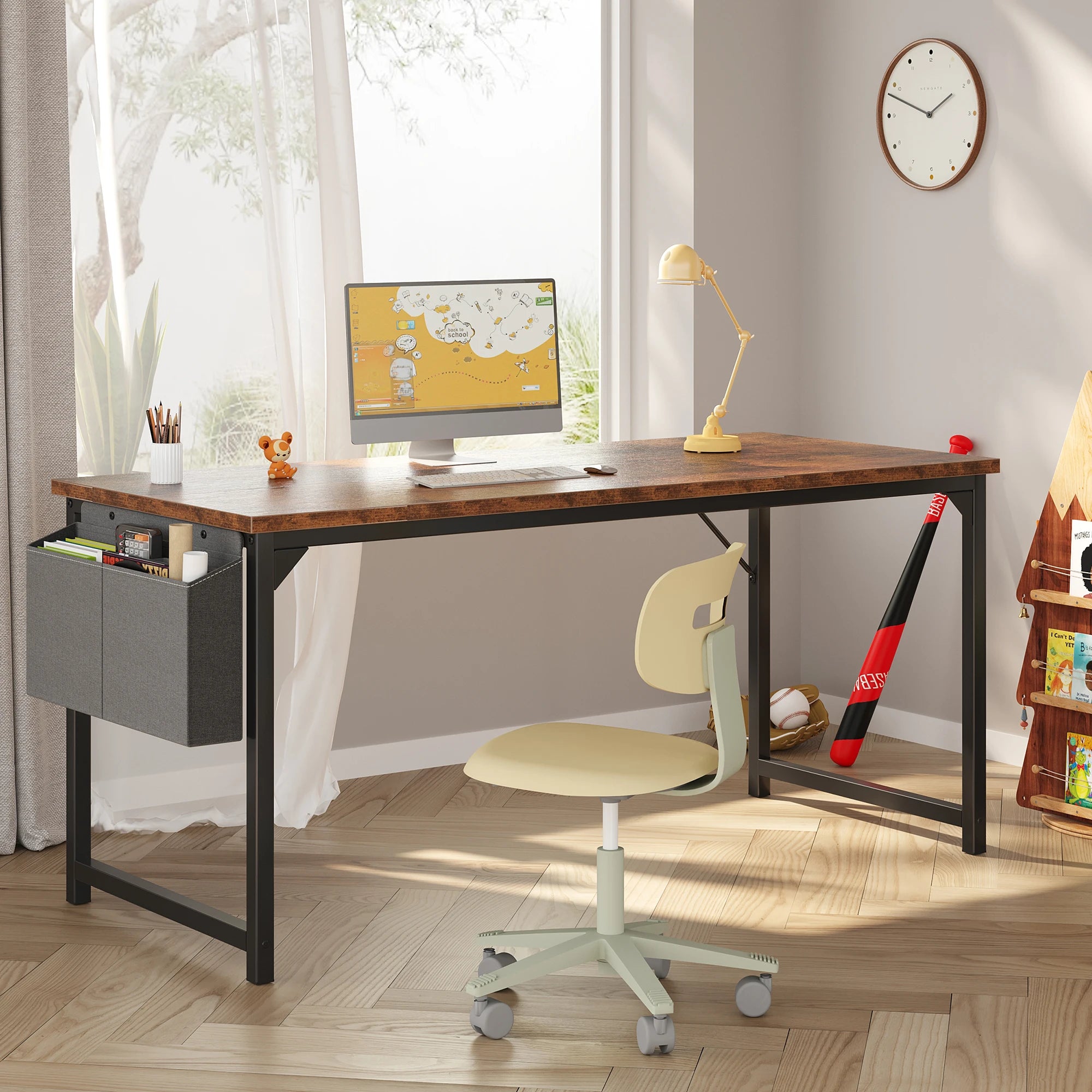 JHK 31IN to 55IN Computer Office Desk Writing Study Office Gaming Table with Storage Bag Metal Frame Wood Tabletop Easy Assembly