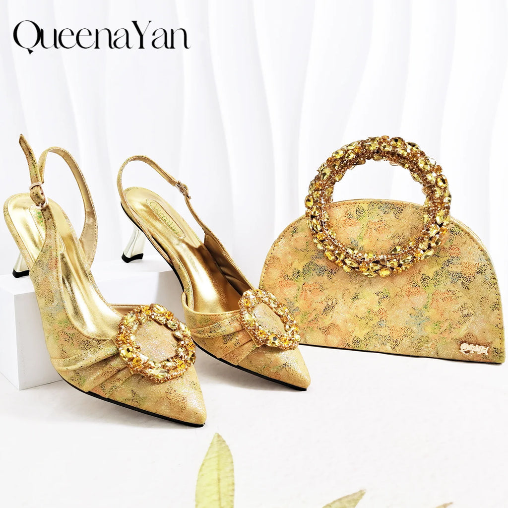 Shimmery Glitter Slingback Women High Heels Sky Blue Shoes and Matching Bag Set Rhinestone Wedding Party Banquet Events