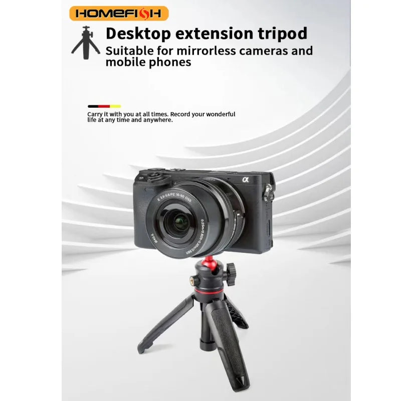 Portable extendable tripod for DSLR cameras, mobile phones, and desktops. Handle for live streaming.