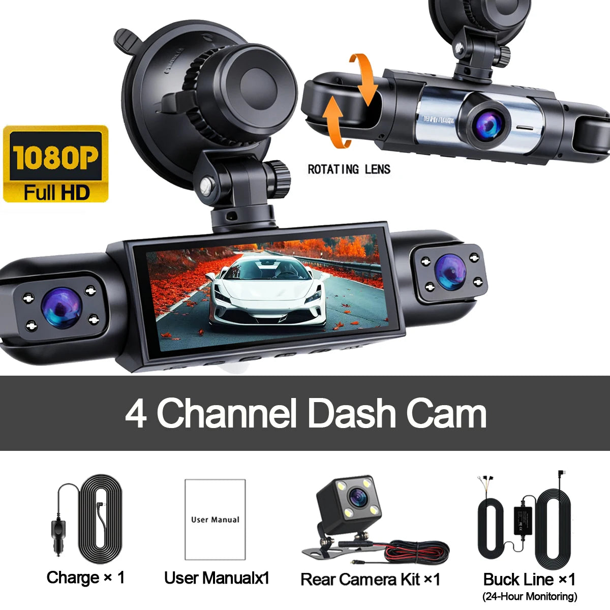 3/4Lens 1080P 360° Recording Front Left right Rear Car Camera Black Box Dash Cam Video Recorder DVR Night Vision 24H Parking