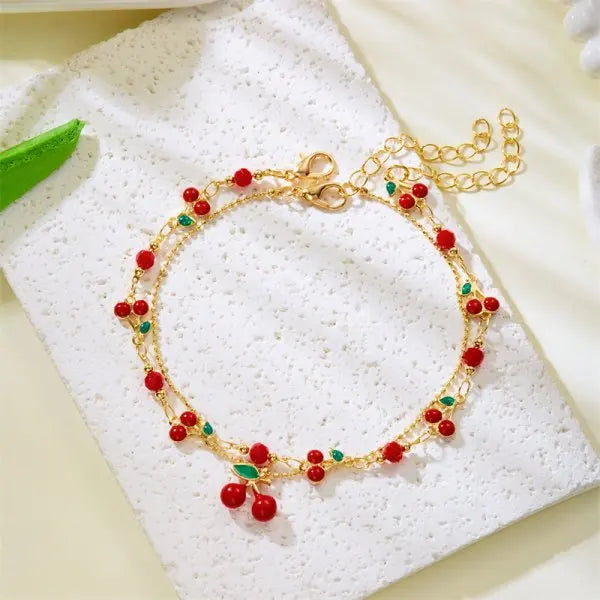 Sweet Cute Red Strawberry Cherry Heart Pearl Charm Bracelet New Fashion Y2K Fruit Gold Color Chain Jewelry Party Gifts 2025