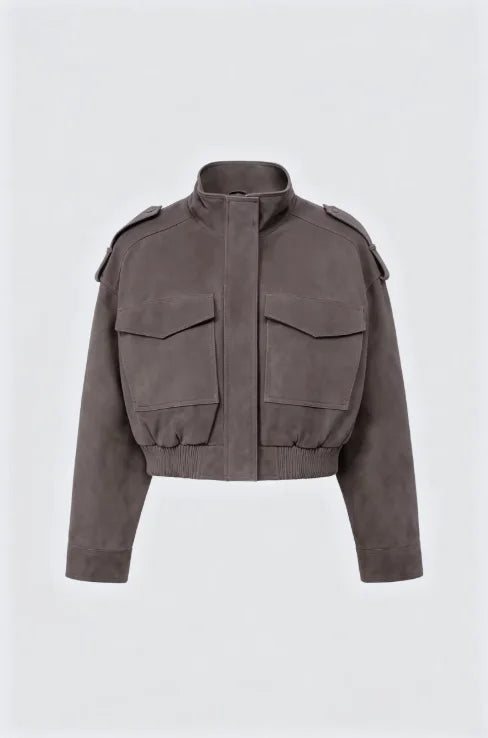 Women Faux Suede Cropped Jacket Stand Collar Zip Up Flap Pockets Loose Oversized Long Sleeve Jacketsfashion 2026 New Autumn Coat