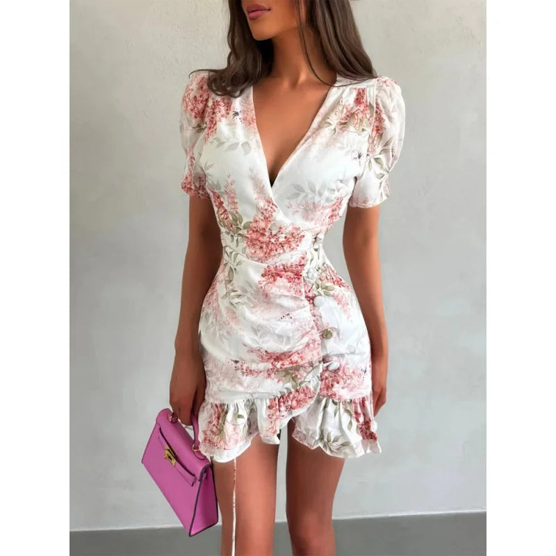 Women Sexy Flora Painted Ruffle Slim Dress Chic Deep V-neck Double Layered Ruffled Hem Dresses Lady New Daily Party Gowns