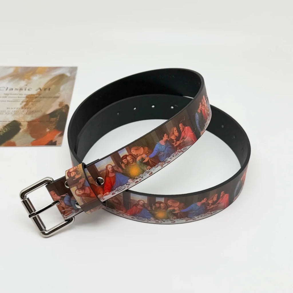 2026 Gothic Y2K Trendy PU Leather Belt with The Last Supper Painting Vintage Unisex Fashion Accessory Waist Belt Jeans Waistband