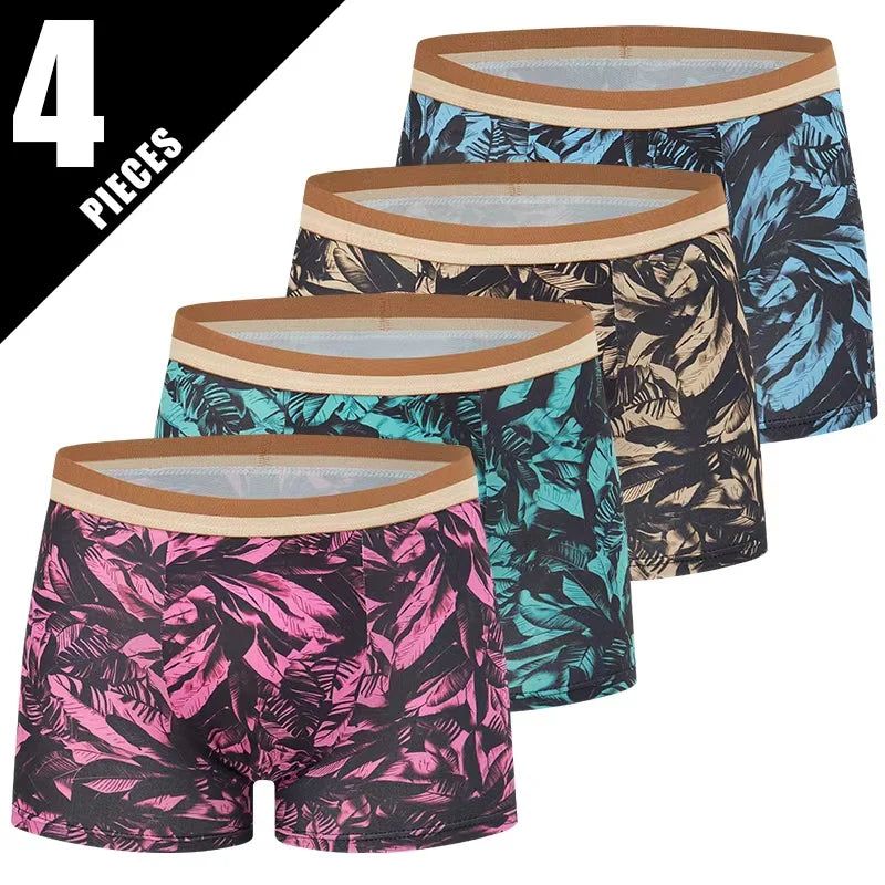 4 Pieces European and American Size MEN'S FASHION Printed Boxer Underwear Comfortable Swimming Trunks Oversized Underwear Shorts