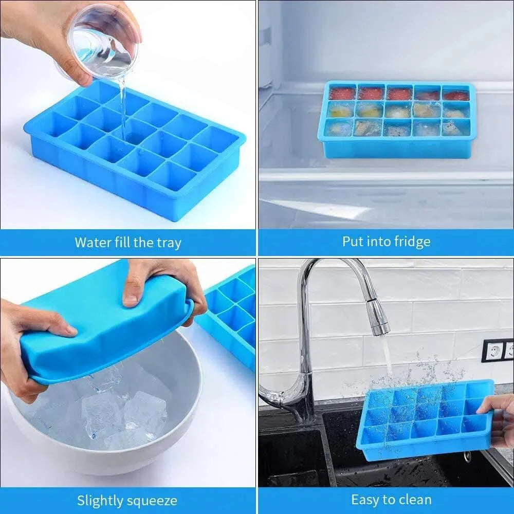 15 Cavity Ice Cube Tray Silicone Square Ice Trays Easy Release Stackable Ice Cube Molds with Removable Lid Ice Cubes for Whiskey