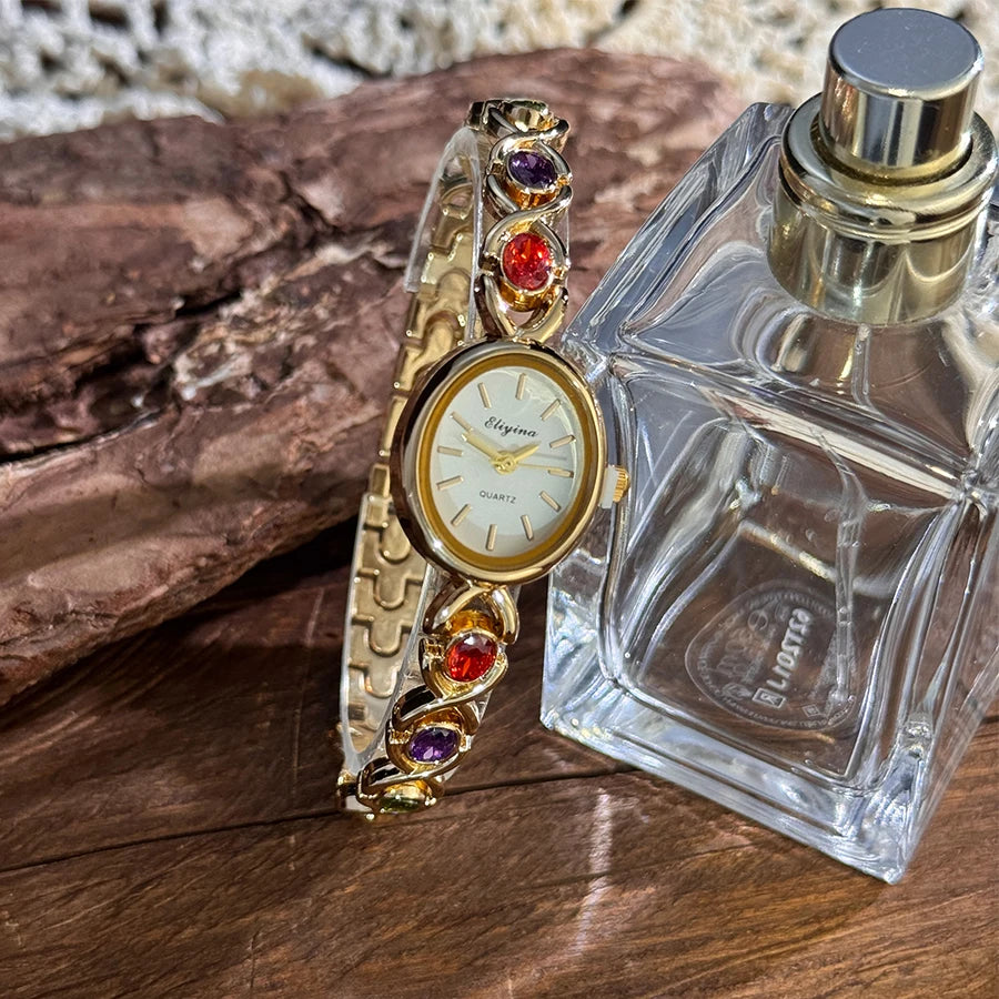 Elegant Lady's Retro round Color Gem Rainbow Quartz Watch with Chain Scale French Luxury Fashionable Ladies' Timepiece