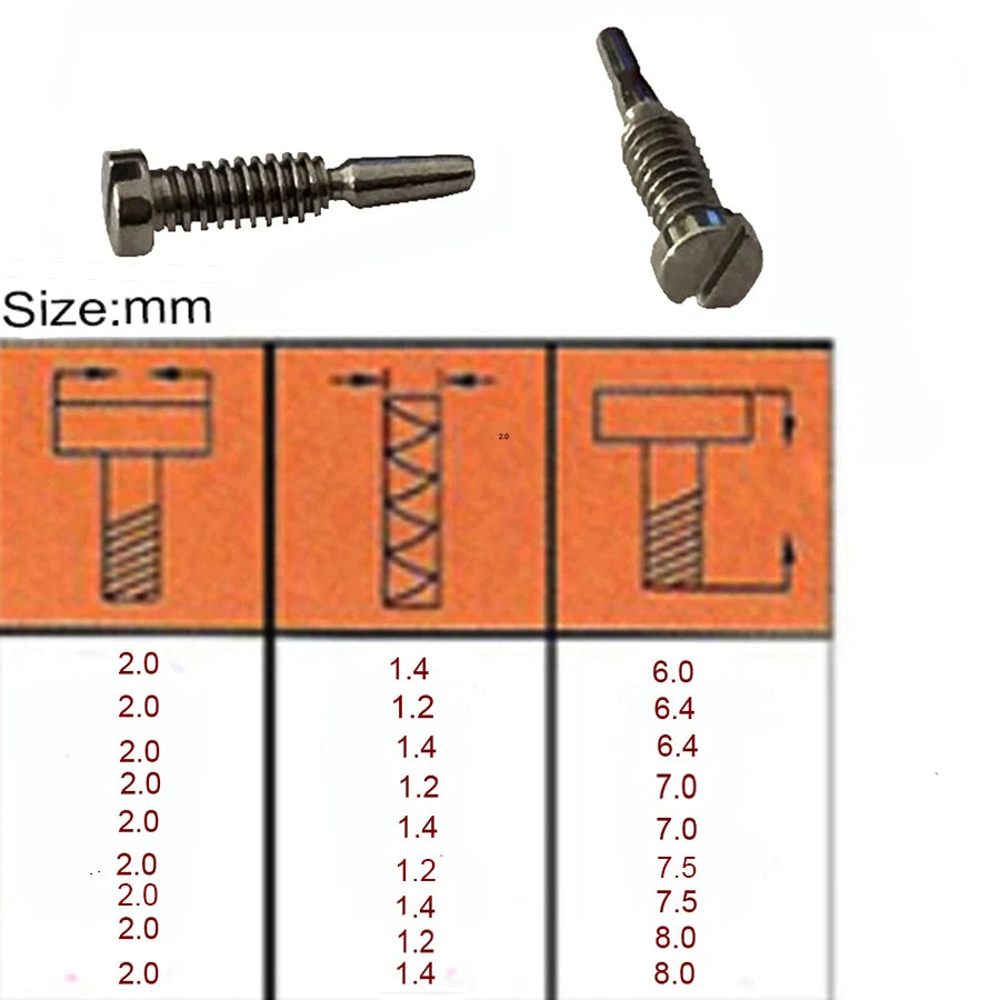 200pcs size 1.8/2.0x1.2x6.4mm-8mm 2.0x1.2x6.0mm-8.0mm Eyewear glasses Optical Eyeglasses screw accessories Self aligning screws