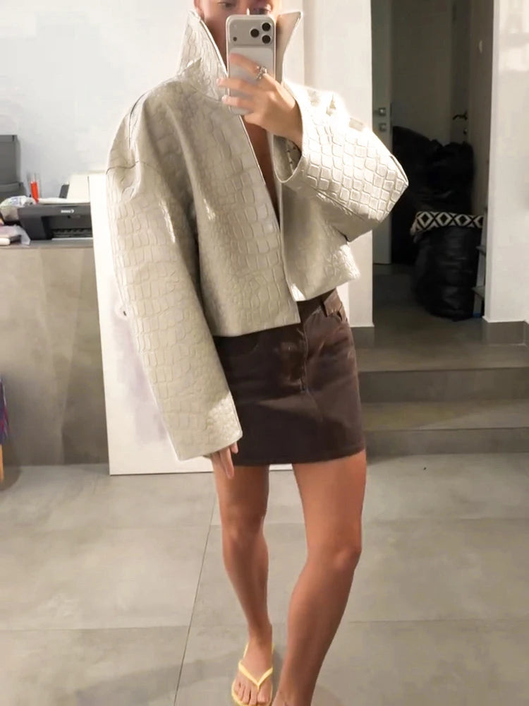 Street Grain Leather Jackets Women High Neck Long Sleeves Loose Pu Coats Female 2026 Autumn New Chic Fashion Solid Chic Outwears