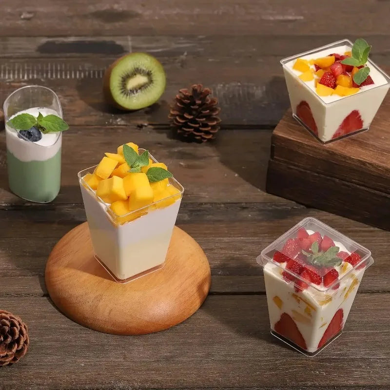 50PCS 70ml Transparent PS Dessert Bowls Reusable Trapezoid Cups for Ice Cream Yogurt Mousse Pudding Jelly Cake Display Party
