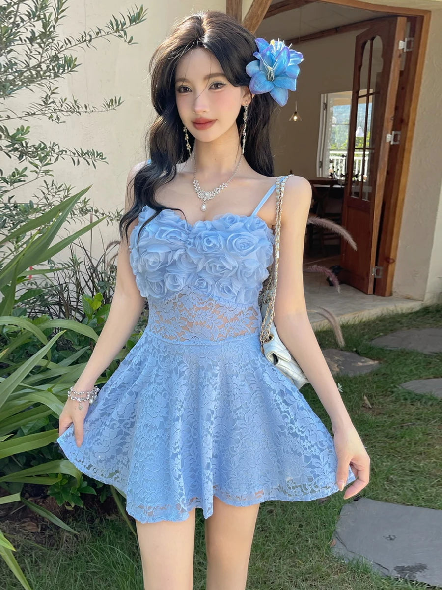 Sexy 3D Flower Lace Backless Vest Dress High Waist Slimming Embroidery Short Skirt Style Casual A-Line Silhouette V-Neck Dress