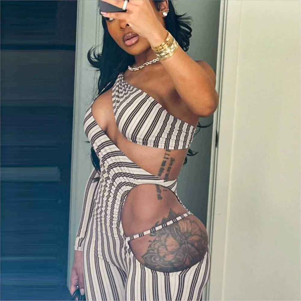 Fashion Women's Sexy Hollow Jumpsuit 2026 Spring Ruched Irregular Hipster Club Stripes Print Full Sleeve Midnight Party Overalls
