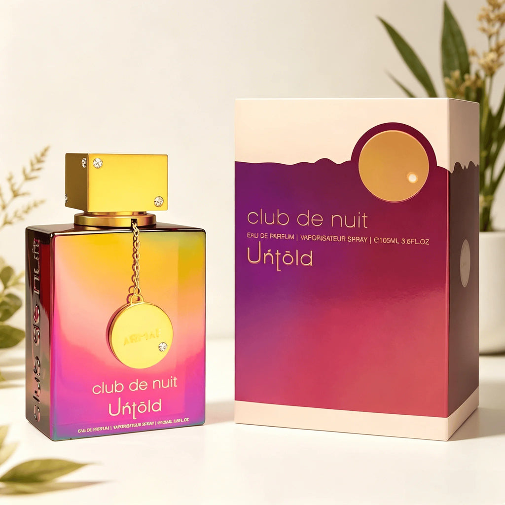 ARMFA Club De Nuit Untold Eau de Parfum 105ML With Original Sunset Gradient Gift Box Long Lasting Rich Sweet Floral Vanilla Musk Fragrance Women Perfume Iridescent Rainbow Square Bottle Gold Chain Pendant Cap Glam Night Scent