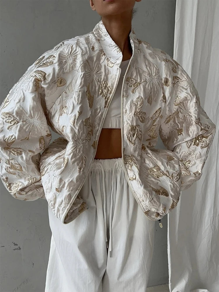 Women Luxury Jacquard  Short Coat Fashion Stand Collar Zip‑front Oversized Loose Jacket 2026 New Casual Street Commute Outfit