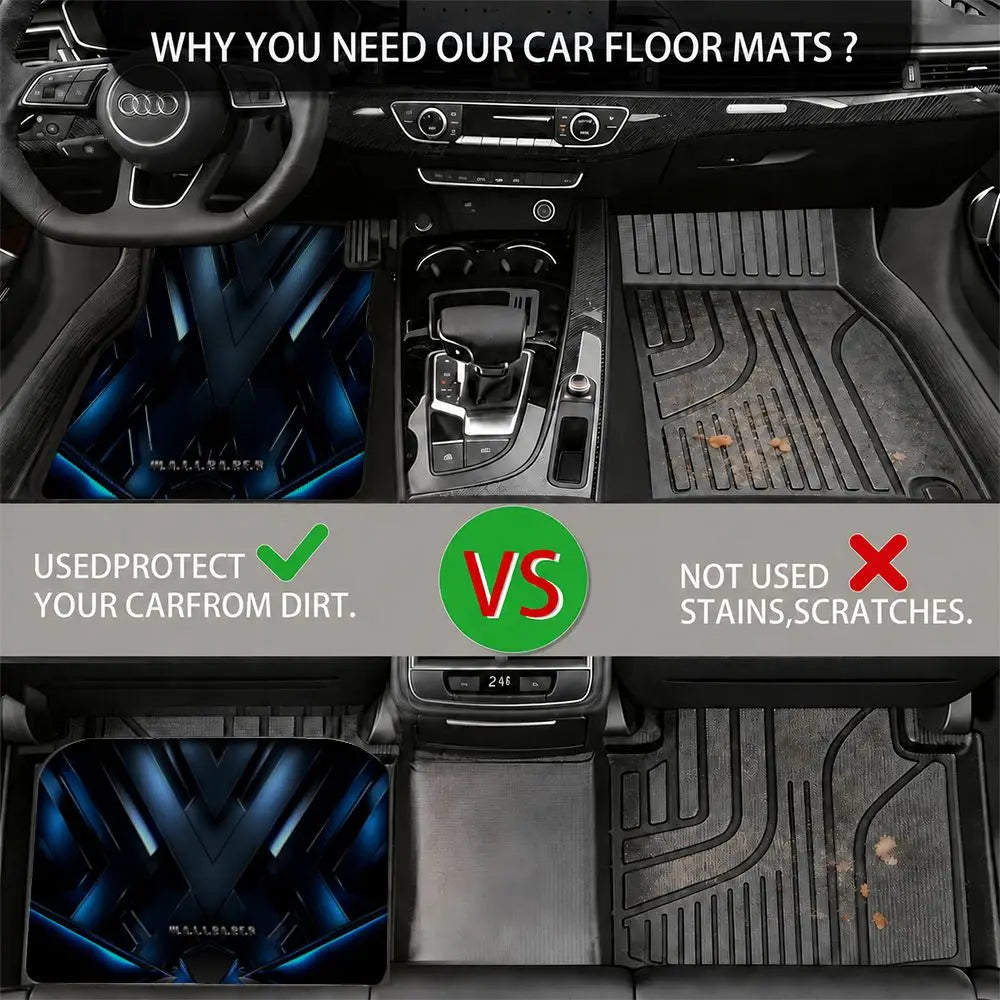4Pcs Universal Car Floor Mat Blue Metallic Geometric Tech Print Waterproof Non-slip Auto Foot Liners Stain Resistant All Weather