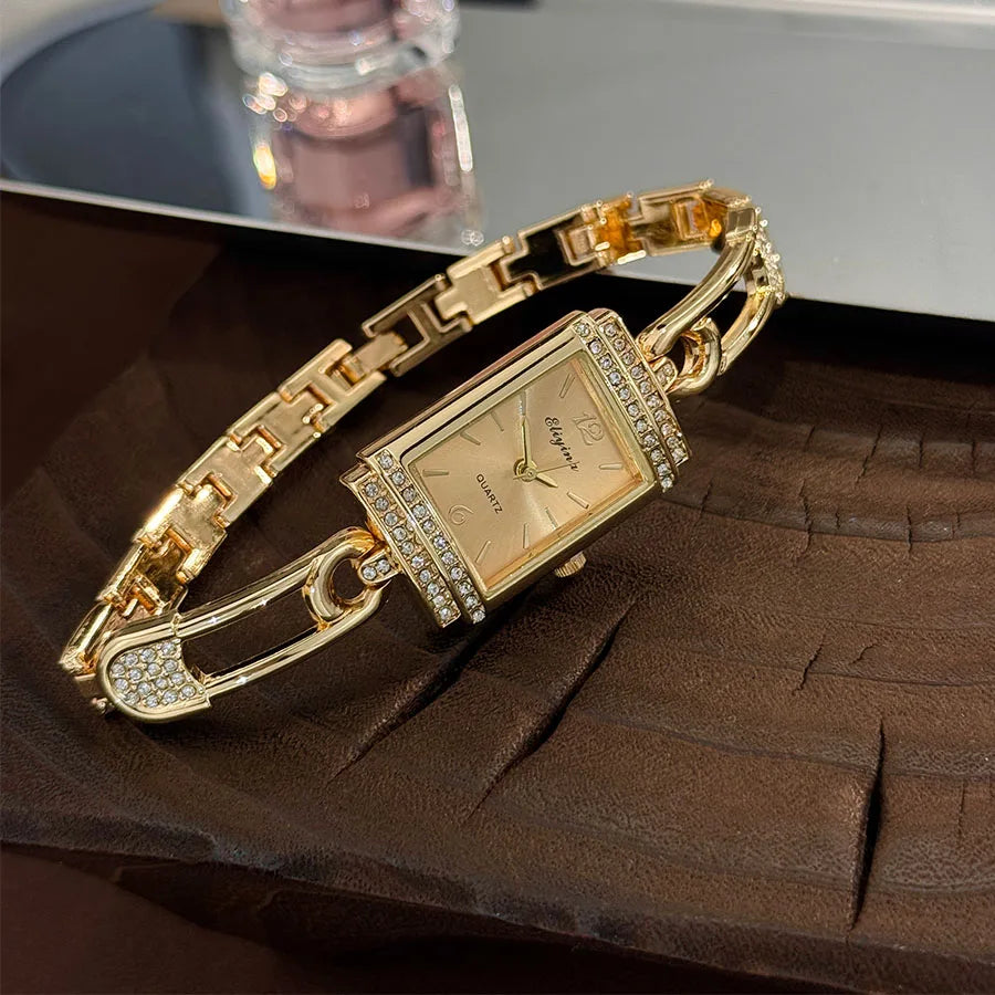 Ladies Fashion Quartz Watch with Diamond-Encrusted Pin Buckle Rectangular Case Popular Cross-Border Sale Elegant Timepiece
