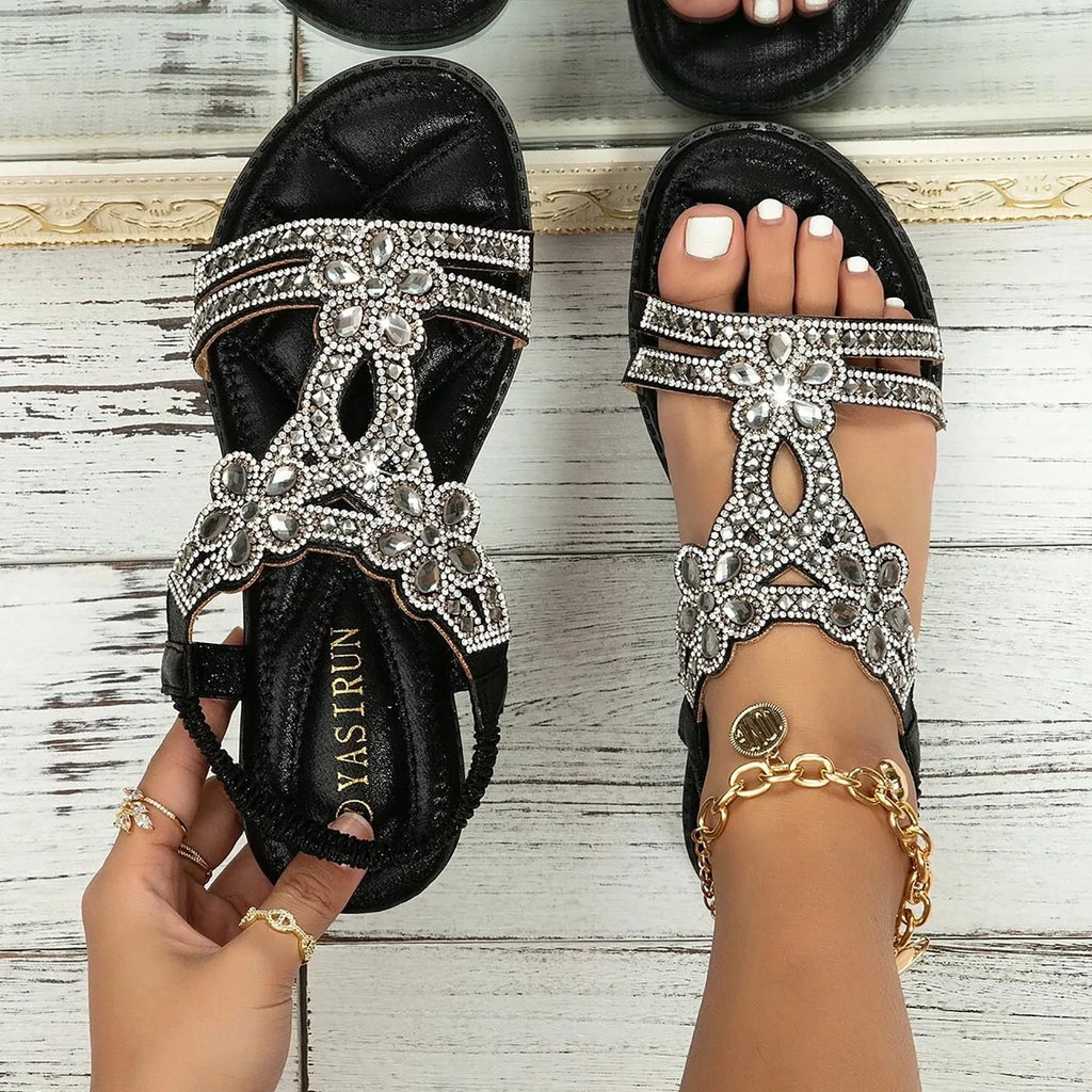 New Crystal Wedge Gladiator Sandals Women Summer Elastic Band Clip Toe Thong Sandals Plus Size Non Slip Boho Beach Shoes Woman
